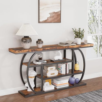 63" Narrow Console Table with Storage, 4-Tier Sofa Table Behind Couch, Industrial Entryway Accent Table with Metal Frame for Living Room, Hallway, Foyer