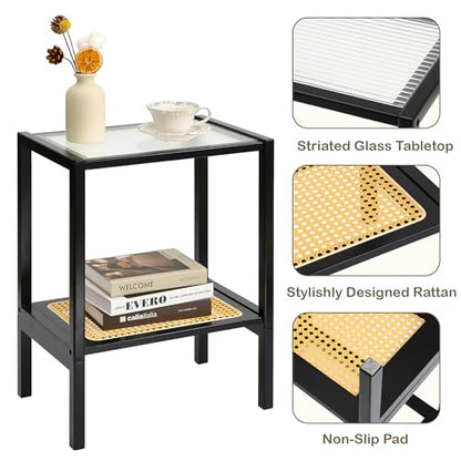 2-Tier Bamboo Side Table, Modern Glasstop Rattan Side Table, Mid Century Wood Sofa-Side End Tables for Living Room, Bedroom Night Stand with Storage, Small Narrow Coffee Tables, Black