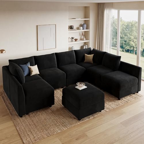 Oversized Modular Sectional Sofa with Storage U Shape Sectional Sofa Set Velvet Sectional Couches for Living Room,Black