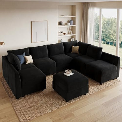 Oversized Modular Sectional Sofa with Storage U Shape Sectional Sofa Set Velvet Sectional Couches for Living Room,Black
