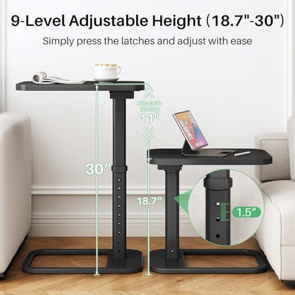 TV Tray Table, Adjustable Height & Rounded Metal Corners, Snack Table for Couch, Sofa, Bed, Chair, Living Room, C Shaped End Side Table for Eating, Dinner or Laptop, Small Spaces, Black