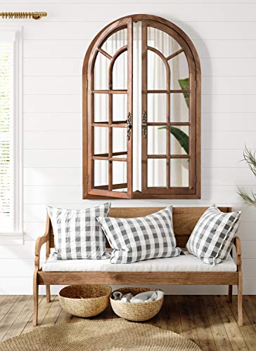 Boldmere Rustic Windowpane Arch Mirror, 28 x 44, Rustic Brown, Farmhouse Window Mirror for Wall