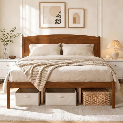 Queen Size Bed Frame, Wooden Platform Bed with Curved Headboard, view 5