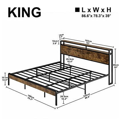 King Size Bed Frame, Platform Bed with 2-Tier Storage Headboard, view 4