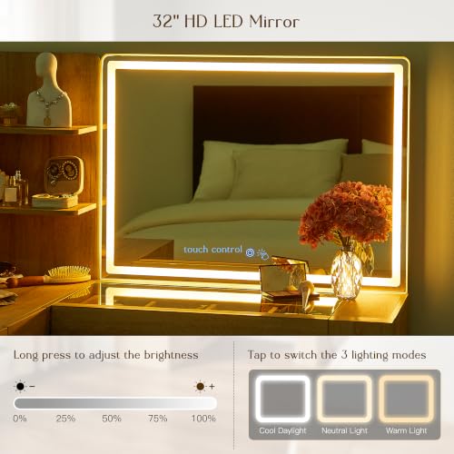 48" Makeup Vanity Desk with Mirror and Lights, Glass Top, Natural Oak, view 5