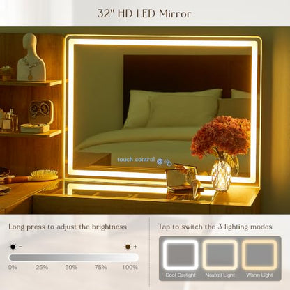 48" Makeup Vanity Desk with Mirror and Lights, Glass Top, Natural Oak, view 5