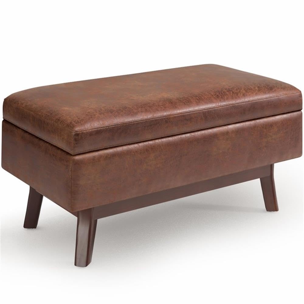 36" Faux Leather Storage Ottoman, Saddle Brown, Mid Century Design, Exposed Solid Wood Base, Lift-Up Lid with Child-Safety Hinge, Cushioned Top, Living Room or Family Room Furniture
