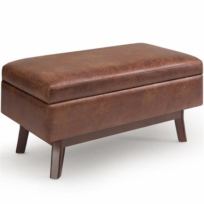 36" Faux Leather Storage Ottoman, Saddle Brown, Mid Century Design, Exposed Solid Wood Base, Lift-Up Lid with Child-Safety Hinge, Cushioned Top, Living Room or Family Room Furniture