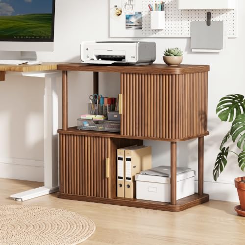2-Tier Walnut Bookshelf 4-Cube Display Bookcase with Sliding Doors, view 6
