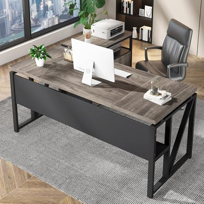 Tribesigns 63 inches Computer Desk with Bottom Storage Shelf Home Office Desk Writing Table for Workstation,Dark Walnut + Steel Leg， Cabinet not Included (Grey, 63-inch-with Shelf)