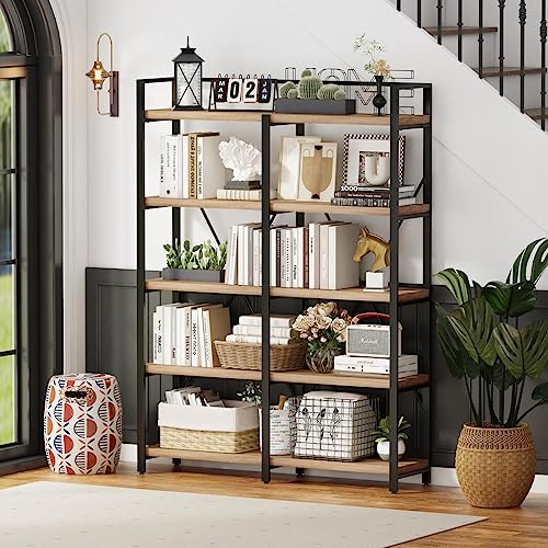 Bookshelf, 5 Tier Industrial, Tall Etagere Bookcase, Rustic Wood and Metal Book Shelf with Large Open Shelving Unit for Home Office Living Room (Rustic Oak, 51 Inch Wide)