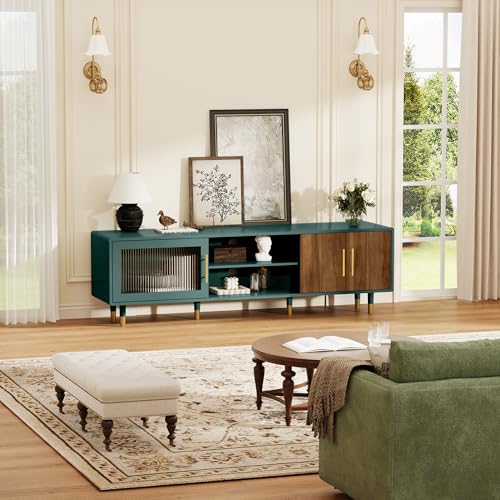 TV Stand with Glass Sliding Door, Mid Century Modern TV Cabinet, view 6