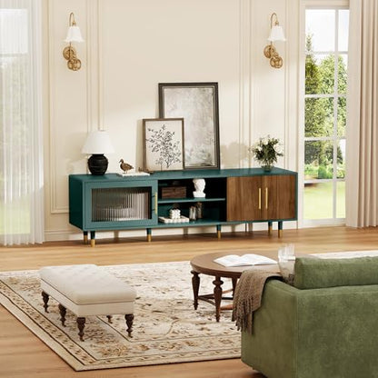 TV Stand with Glass Sliding Door, Mid Century Modern TV Cabinet, view 6