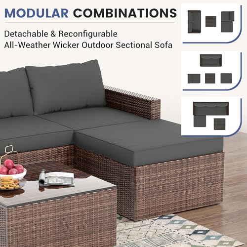 5 Piece L Shaped Outdoor Couch, Small Space Patio Furniture Set,Grey | Outdoor Sectional Sofa, All-Weather Wicker, Includes Ottoman & Glass Table, for Deck Balcony Porch Backyard