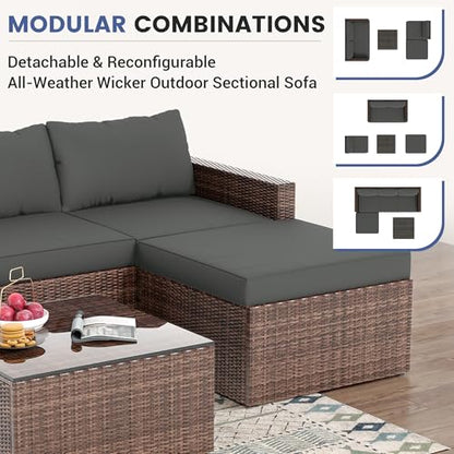 5 Piece L Shaped Outdoor Couch, Small Space Patio Furniture Set,Grey | Outdoor Sectional Sofa, All-Weather Wicker, Includes Ottoman & Glass Table, for Deck Balcony Porch Backyard