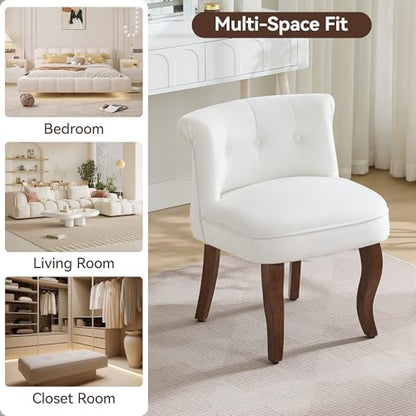 Velvet Vanity Chair with Back, Tufted Upholstered Vanity Stool with Solid Wood Legs, Mid Century Small Makeup Chair for Vanity, Accent Chair for Bedroom, Living Room, White