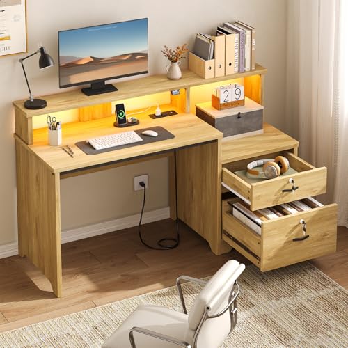 55-Inch Computer Desk with Power Outlets & LED Lights, Natural Oak, view 3