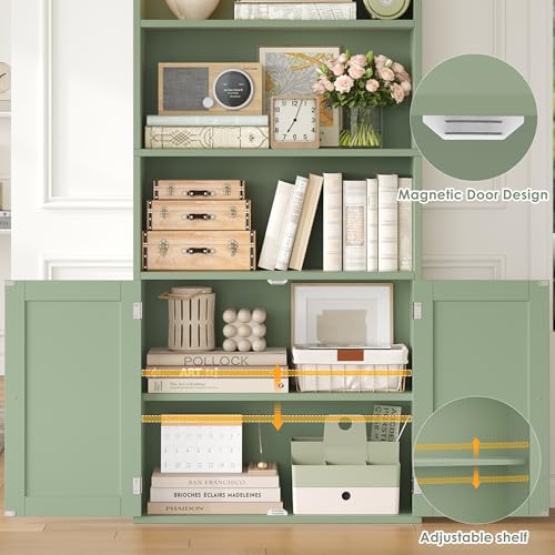 82" Tall Bookcase, Farmhouse Bookshelf with Doors, Green, view 7