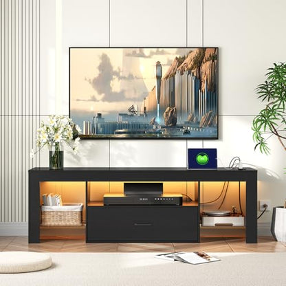 LED TV Stand with Power Outlets to 65 inch TV, Gaming Entertainment Center with Glass Shelves and Large Drawer, Modern Media TV Console Table for Living Room Bedroom, Black BB14UDDS01G1