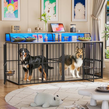 72" Double Dog Crate Furniture with LED Light and Power Outlets, view 2