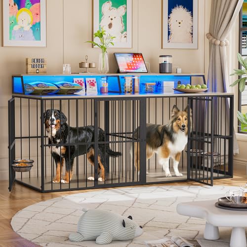 72" Double Dog Crate Furniture with LED Light and Power Outlets, view 2