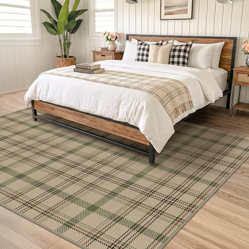 Easy Jute Green Plaid Rug 6x9 for Living Room, Washable Modern Farmhouse Area Rugs for Bedroom Aesthetic, Dining Room, Patio, Sage Tan Woven Tartan Design, Non Skid, Easy Clean Viral Jute No Shed
