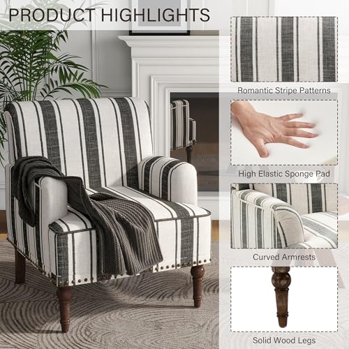 Stripe Accent Chairs Set of 2, Living Room Arm Chair Modern Nailhead Trim Club Armchair, Comfy Upholstered Sofa Lounge Seat Reading Seat Bedroom Side Seating for Home Office, Black