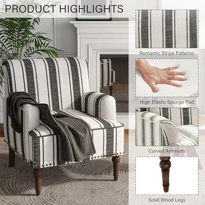 Stripe Accent Chairs Set of 2, Living Room Arm Chair Modern Nailhead Trim Club Armchair, Comfy Upholstered Sofa Lounge Seat Reading Seat Bedroom Side Seating for Home Office, Black