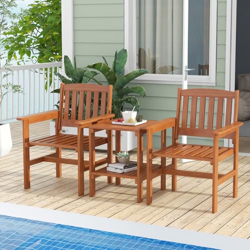 3 Piece Patio Conversation Set, Outdoor Wood Conversation Seat with Table and Umbrella Hole, Outdoor Furniture Set of 3 for Garden Poolside Backyard Balcony Porch