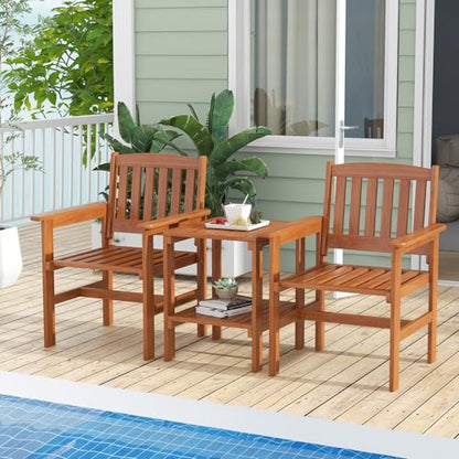 3 Piece Patio Conversation Set, Outdoor Wood Conversation Seat with Table and Umbrella Hole, Outdoor Furniture Set of 3 for Garden Poolside Backyard Balcony Porch