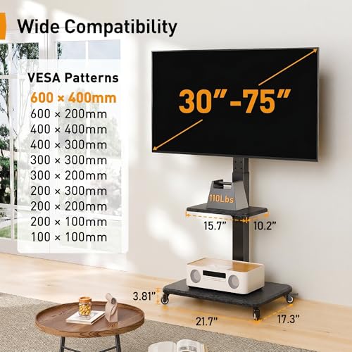 Rolling TV Stand for 30-75 Inch, Mobile TV Cart Holds up to 110 lbs, Tilt & Height Adjustable Portable TV Stand on Wheels for Bedroom with Shelf, Outdoor TV Stand Max VESA 600x400mm PGTVMC27