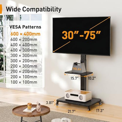 Rolling TV Stand for 30-75 Inch, Mobile TV Cart Holds up to 110 lbs, Tilt & Height Adjustable Portable TV Stand on Wheels for Bedroom with Shelf, Outdoor TV Stand Max VESA 600x400mm PGTVMC27