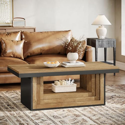 Tribesigns 47-Inch Farmhouse Rectangle Cocktail Living Room Coffee Table with Open Storage, Rustic Wood Fluted Center Table with Shelves, Brown and Black Tea Furniture
