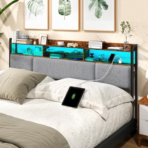 King Size Upholstered Headboard with 2 Outlets and LED Lights, view 4