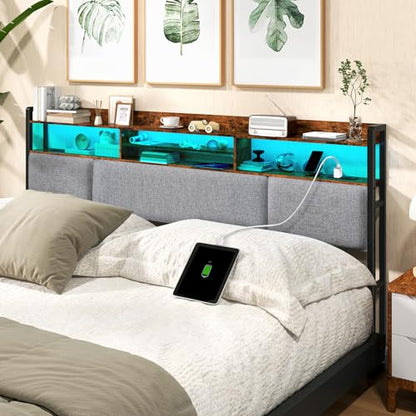 King Size Upholstered Headboard with 2 Outlets and LED Lights, view 4