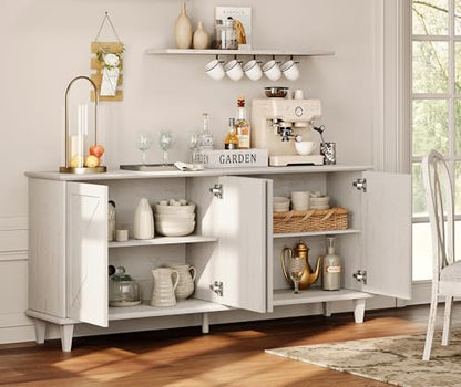 65" Modern Farmhouse TV Stand with Handcrafted Patchwork Doors for 75" TVs, Entertainment Center Console with Cable Management, Adjustable Shelves Storage for Living Room, Pale Oak