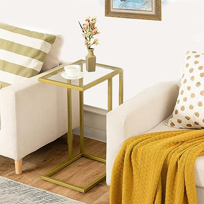 C-Shaped End Table, Side Table for Couch,Sofa Snack Table with Tempered Glass & Metal Frame,Small TV Tray Table for Small Space,Living Room, Bedroom, Bedside,Modern Style, Gold