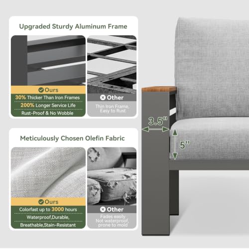 Patio Furniture Set, Aluminum Patio Set with Fire Pit Table and 5" Thicken & Washable Cushion, Waterproof Outdoor Furniture, Outdoor Couch Sectional for Backyard (7 Seats/F, Grey)