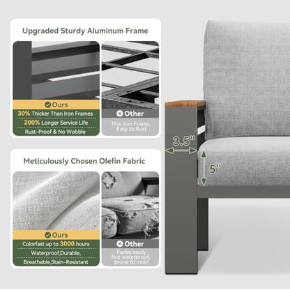 Patio Furniture Set, Aluminum Patio Set with Fire Pit Table and 5" Thicken & Washable Cushion, Waterproof Outdoor Furniture, Outdoor Couch Sectional for Backyard (7 Seats/F, Grey)