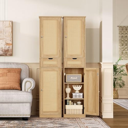 67" H Tall Storage Cabinet with 2 Rattan Doors and 1 Drawer, Narrow Rattan Cabinet with Adjustable Shelves, for Living Room, Entryway, Kitchen, Natural