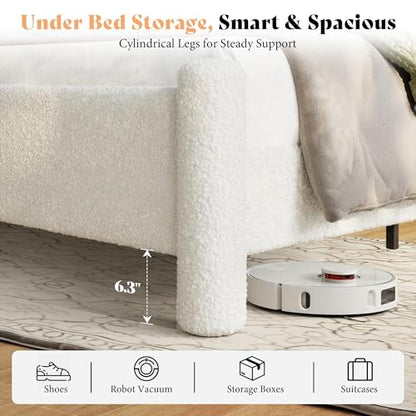 Boucle Cloud Upholstered Bed Frame with Cylinder Headboard, Modern Platform Structure, Sherpa Boucle Soft Design, No Box Spring Needed (White, Full)