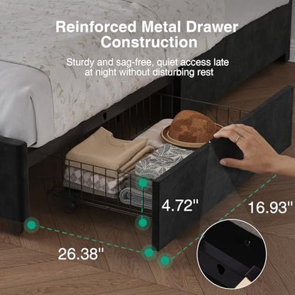 Queen Bed Frame with Drawers/Charging Station/LED Light, Black, view 5