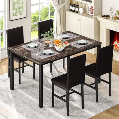 Dining Table Set for 4, Modern Kitchen & Dining Room Sets Faux Marble Table with 4 Leather Chairs for Small Space, Home Kitchen, Apartment, Brown