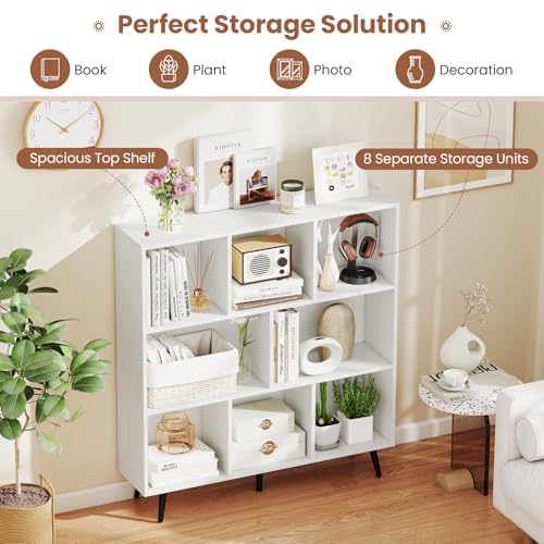 8-Cube Bookcase, 3-Tier Modern Bookshelf with 5 Metal Legs, 39.5" Freestanding Open Storage Organizer with 2 Anti-tip Devices, Mid-Century Display Rack for Living Room (39.5" x 9.5" x 42")