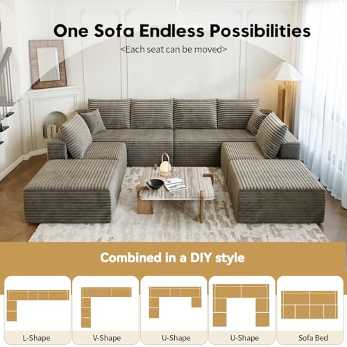 139.4" Modular Sectional Sofa Couch, Oversized U-Shaped Minimalist Couches with 2 Ottomans Chaise and 2 Middle Seats, Modern Deep Seat Cloud Plush Corduroy Sofas Set for Living Room, 8 Seater, Camel