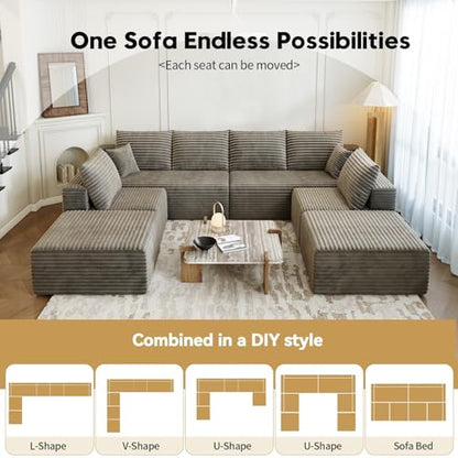 139.4" Modular Sectional Sofa Couch, Oversized U-Shaped Minimalist Couches with 2 Ottomans Chaise and 2 Middle Seats, Modern Deep Seat Cloud Plush Corduroy Sofas Set for Living Room, 8 Seater, Camel