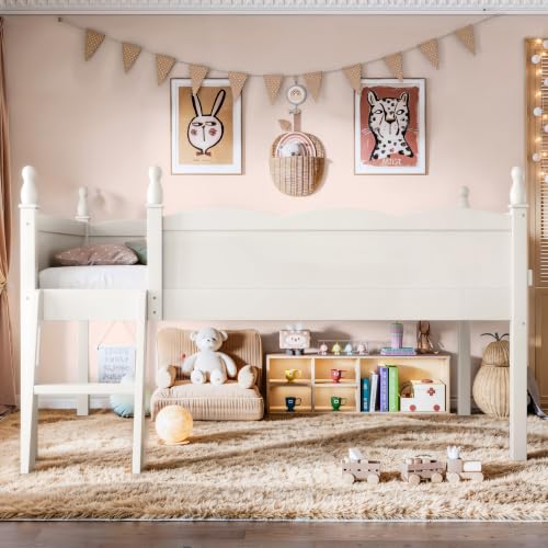 JIVOIT Twin Low Loft Bed, Solid Wood, Full Guardrails, Ladder & Side Bookshelf (Beige/ Twin,76)