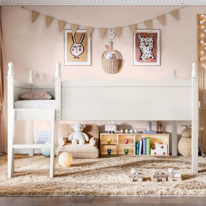 JIVOIT Twin Low Loft Bed, Solid Wood, Full Guardrails, Ladder & Side Bookshelf (Beige/ Twin,76)