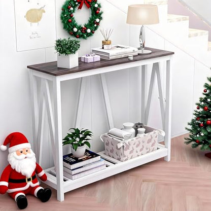 Farmhouse Console Table with Shelf, 39.3" Narrow Entryway Table, Dark Oak | Farmhouse Style Grey Oak Top White V‑Shape Frame Slat Shelf Storage 39.3" Narrow Anti‑Tip Legs sofa table