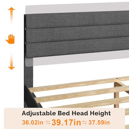 Queen Upholstered Platform Bed Frame with Headboard,Linen Dark Gray, view 4